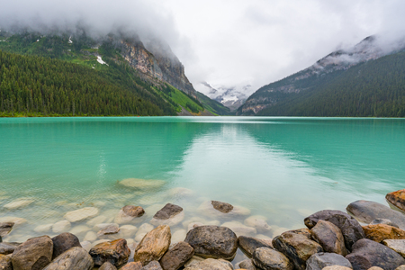 Lake Louise near Banff, Alberta, Canada on a cloudy morning.の写真素材