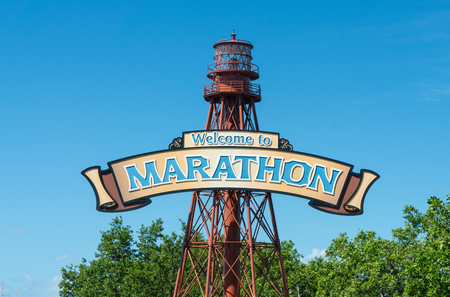 Welcome to Marathon sign along route 1 along the Florida Keysのeditorial素材