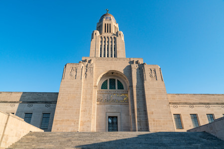Exterior of the Nebraska Capitol Building in Lincoln against a blue skyの写真素材