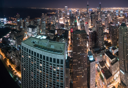 Aerial view Chicago Night Skyline looking south along Lake Michigan