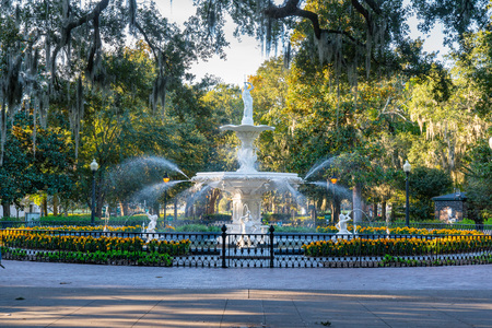 Fountain in Forsyth Park in Savannah, Georgiaの写真素材