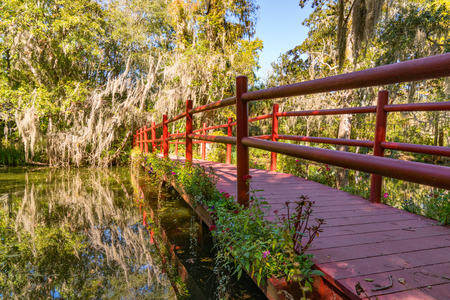 Reflection of red wooden bridge over a lake in Magnolia Plantation in Charleston, South Carolinaの写真素材