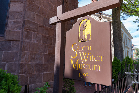 Salem, MA - June 8, 2019: Sign outside of the Salem Witch Museum which tells the story of the 1692 witch trails in Salem, Massachusettsのeditorial素材