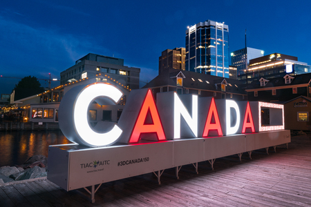 Halifax, Canada - June 18, 2019: Illuminated Canada sign aling the waterfront of Halifax, Nova Scotiaのeditorial素材