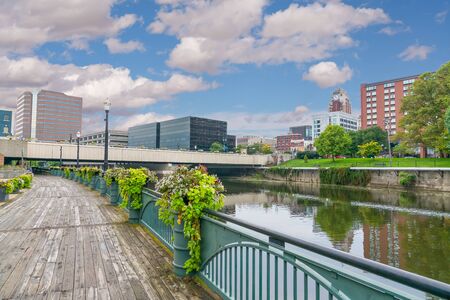 City skyline of Lansing, Michigan along the Grand River