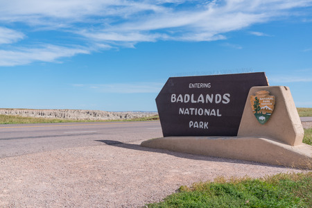 Wall, SD - September 24, 2019: Badlands National Park Entrance Sign at the Pinnacles Entrance Stationのeditorial素材
