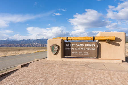 Mosca, CO - April 23, 2021: Entrance sign along the road to Great Sand Dunces National Parkのeditorial素材