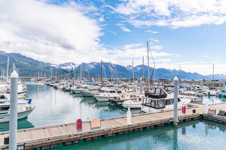 Seward, Alaska - September 1, 2022: The marina in Seward, Alaska is home to many sport and commercial boats which cruise Resurrection Bay.の写真素材