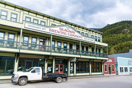Skagway, Alaska - September 7, 2022: Front facade of the Skagway Brewing Company in Skagway, Alaska.  The brewery dates back to 1897.のeditorial素材