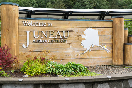 Juneau, Alaska - September 8, 2020: Welcome to Juneau sign in the waterfront area of downtown Juneau.のeditorial素材