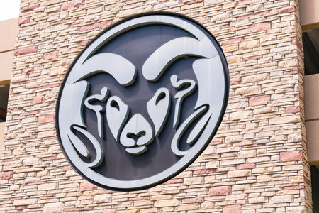 Fort Collins, CO - July 16, 2022: Rams mascot logo on a building at the Colorado State University in Fort Collins, Coloradoのeditorial素材