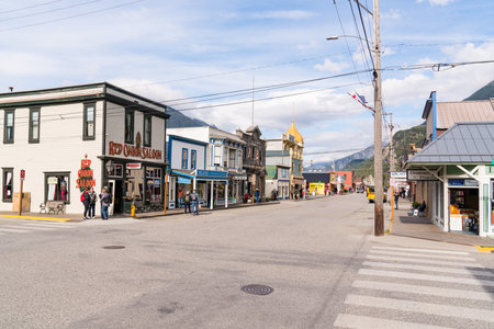 Skagway, AK - September 7, 2022: Looking down Broadway Street with shops and restaurants in Skagway, Alaskaのeditorial素材