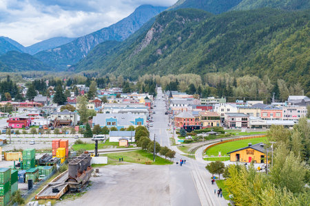 Skagway, Alaska - September 7, 2022: Overlook of the city skyline and harbor of Skagway, Alaska during the tourist seasonのeditorial素材