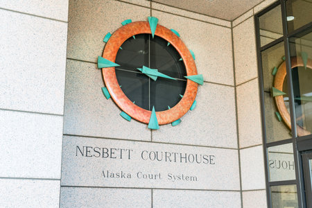 Anchorage, AK - September 4, 2022: Entrance to the Nesbett County Courthouse in Anchorage, Alaska