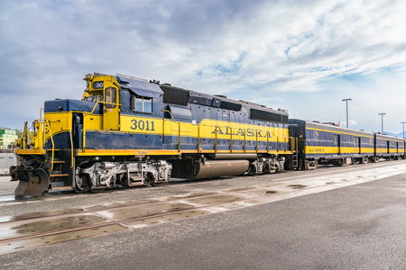Anchorage, AK - September 4, 2022: Alaska Railroad passenger train waits to depart the Anchorage Depot in Alaskaのeditorial素材