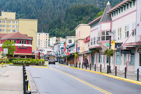 Juneau, Alaska - September 8, 2020: View of Franklin Street looking north in the old city district of Juneau, Alaskaのeditorial素材