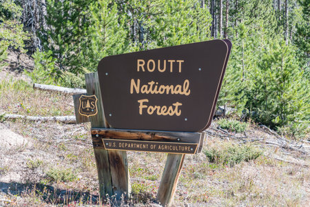 Welcome sign along the road in the Routt National Forest in Coloradoの写真素材