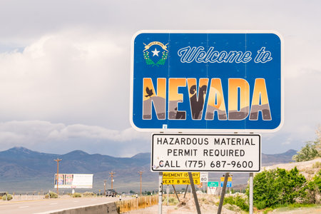 Wendover, NV - May 24, 2023: Welcome to Nevada roadside sign along Interstate 80 along the Utah-Nevada state border.のeditorial素材