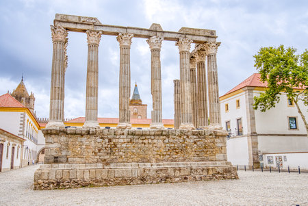 Ancient ruins of the historic Roman Temple of Diana in Evora, Portugalの写真素材