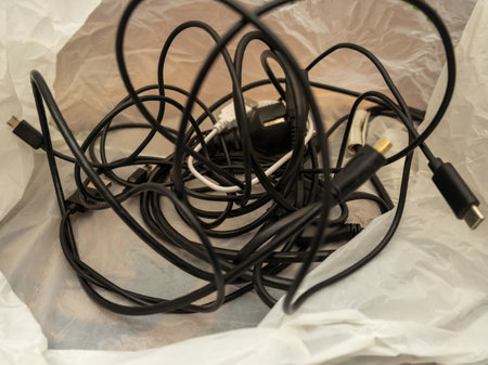 Lots of USB, HDMI cables and charging plugs. lots of tangled cables.