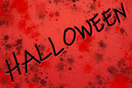 Illustration with black Halloween title over red with bloodstains background.の写真素材