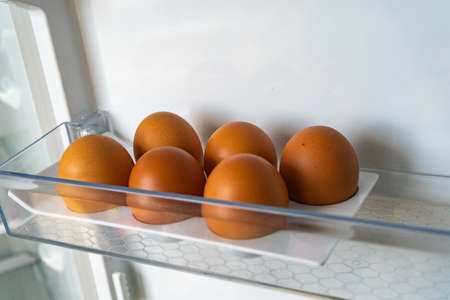 half a dozen eggs in the refrigerator tray. 6 brown chicken eggs in an empty colloquially fridge.の写真素材