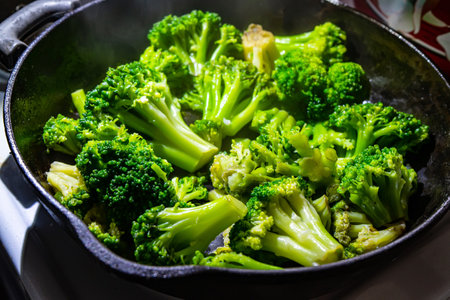 broccoli in a frying pan. Broccoli roasting.の写真素材