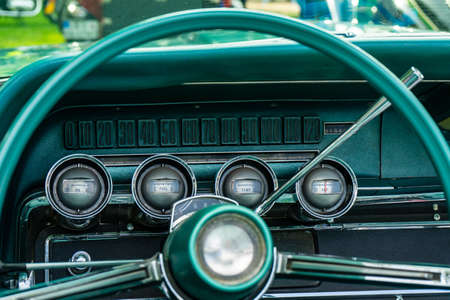 Interior view of old vintage car. View on dashboard of classic car.の写真素材