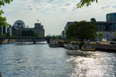 Berlin, Germany 06.05.2022: View of the Reichstag in Berlin and the Marschall Bridge which spans the River Spree.のeditorial素材