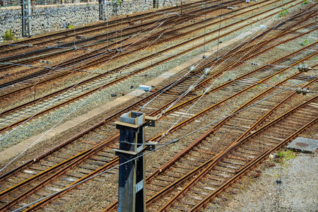 lot of railway tracks . Electrified road. Many electrified of railway junction.