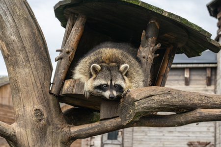 A raccoon is sitting in a wooden treehouse.の写真素材
