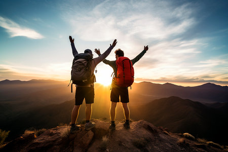 Two men with backpacks on top of a mountain at sunset Hiking companions.の素材