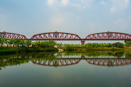 Hardinge Bridge steel railway truss bridge over the Padma River, Bangladesh.の写真素材