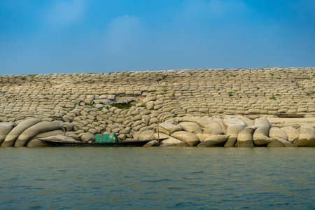 Sandbags, geobags to protect riverbank from erosion and flooding. Bangladesh, Padma River.