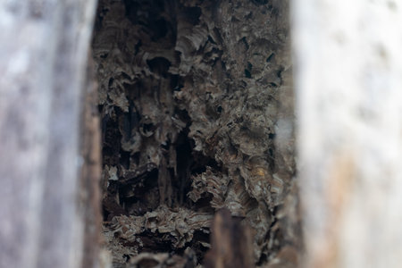 abandoned hornets nest in tree trunkの写真素材