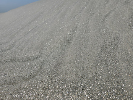 Fine river sand with loose, natural texture. Close-up of dry sandy surface with small grains.の写真素材