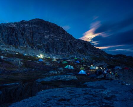 02/09-17, Trolltunga, Norway.  Tourists have put up tents to spend the night close to the cliff of Trolltunga.の写真素材