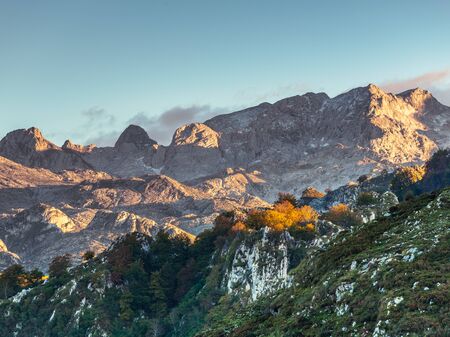 09/10-18, Asturias, Spain. View of a part of the mountain range picos de europa while the sun is setting.の写真素材