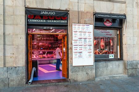 Bilbao, Spain - September 16, 2019. The facade of the meat shop Jabugo Carnicerias Charcuterias on...