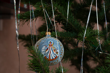a Christmas toys on the branches of the Christmas tree, New Year's Christmas decor, New Year's balls...