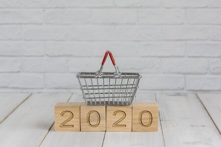 basket on 2020 new year block ,  shopping conceptの写真素材