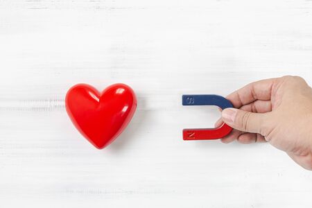 Hand of Man hold Magnet attracting Red Heart on white wood background. Love Concept with Copy Space.の写真素材