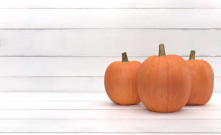 Group of orange pumpkin over white wood background. Halloween and Thanksgivingの写真素材