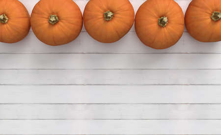 Group of orange pumpkin over white wood background. Halloween and Thanksgiving at top viewの写真素材