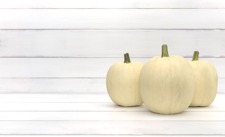 Group of white pumpkin over white wood background. Halloween and Thanksgivingの写真素材