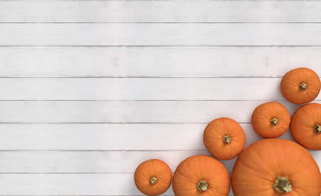 Group of orage pumpkin over white wood background. Thanksgiving at top viewの写真素材