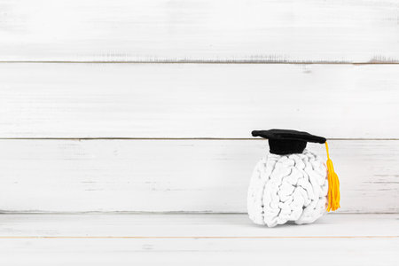 Education Hat with brain on white wood background.