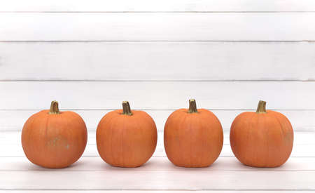 Row of orage pumpkin over white wood background. Halloween and Thanksgivingの写真素材
