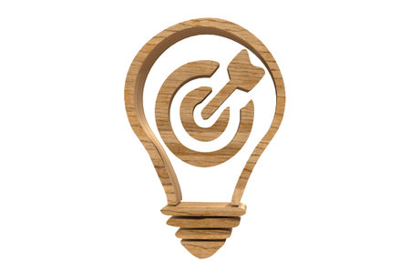 Wooden Lightbulb with Dartboard and Arrow Sign on white backgroundの写真素材