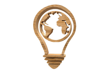 Wooden Lightbulb with World Globe Sign on white backgroundの写真素材